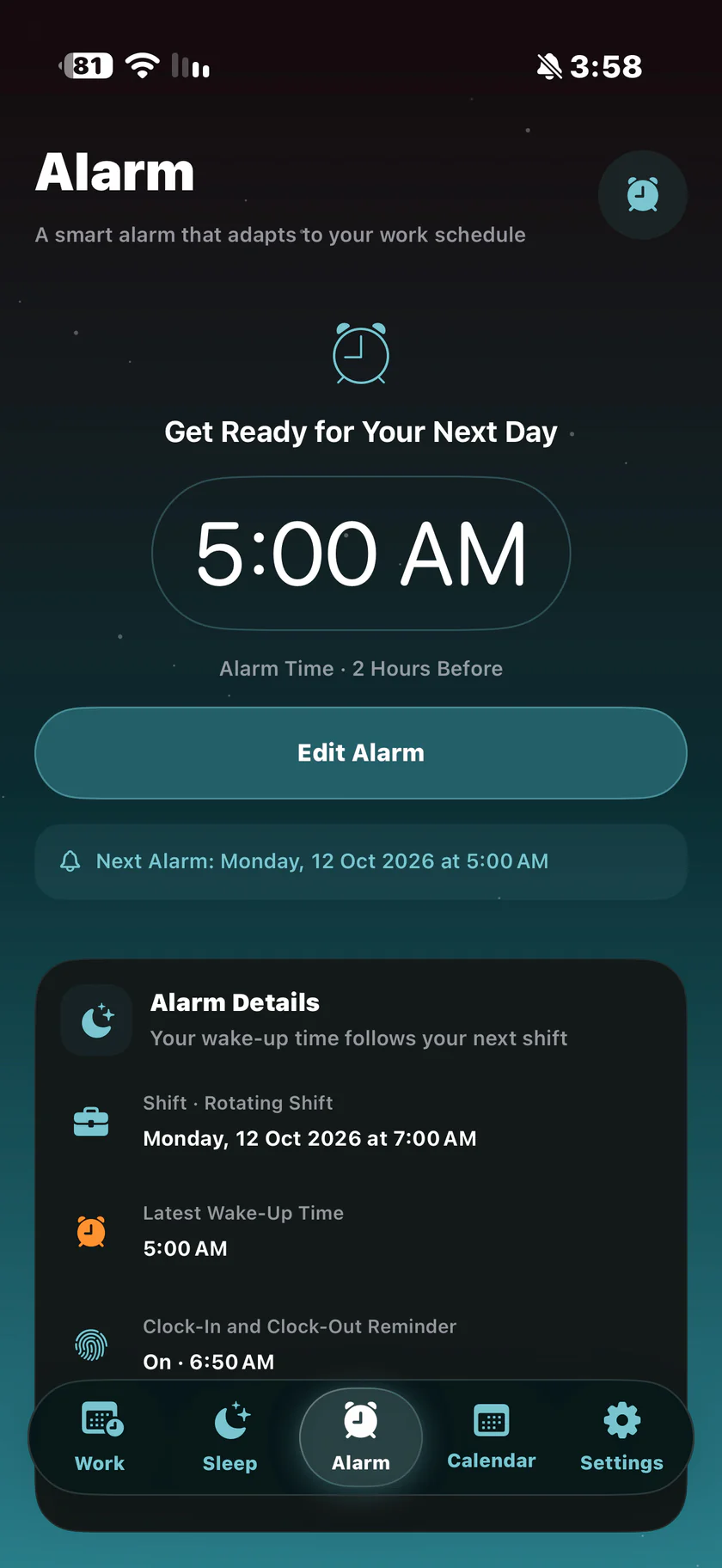 Original Dwamk alarm screen with the next alarm time.