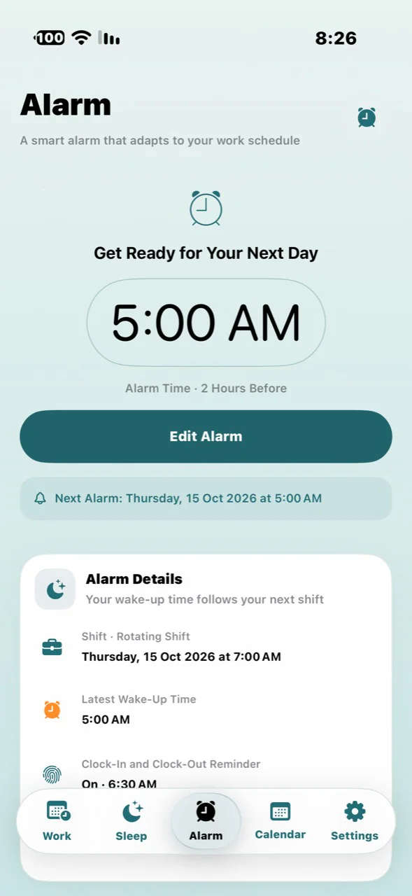 Original Dwamk alarm screen with the next alarm time.