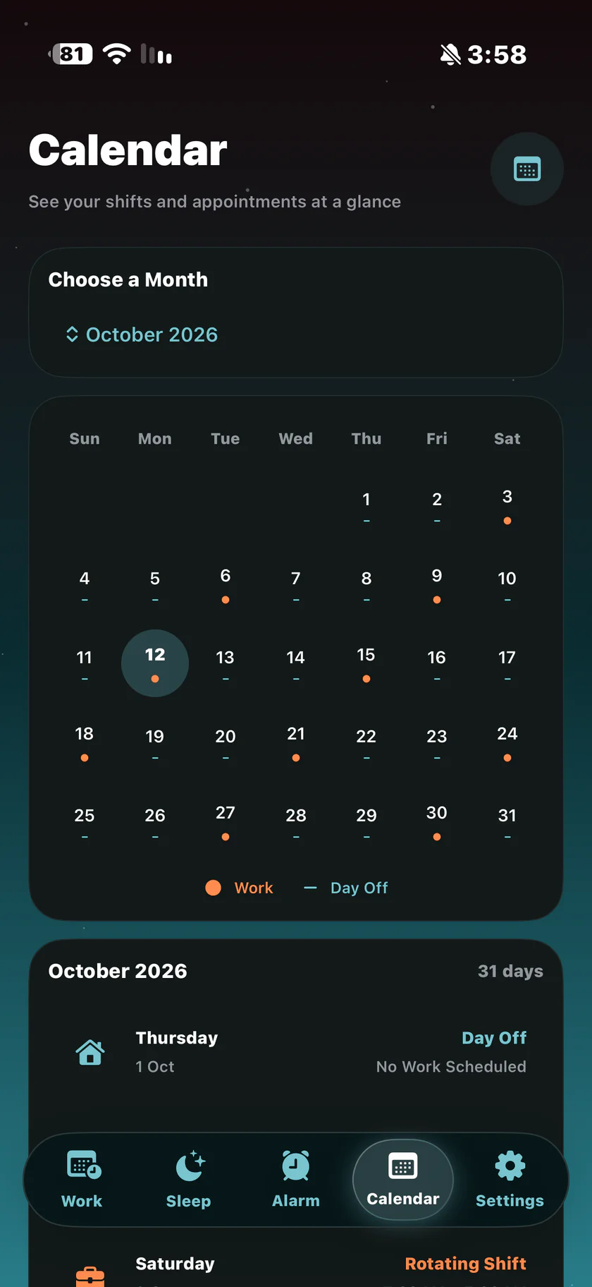 Original Dwamk monthly calendar showing work and rest day indicators.
