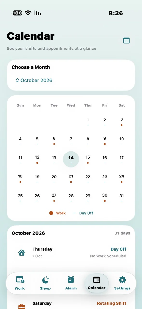 Original Dwamk monthly calendar showing work and rest day indicators.