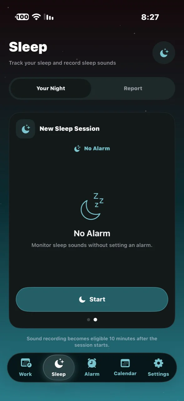 Original Dwamk sleep screen showing a new session with the option to start without an alarm.