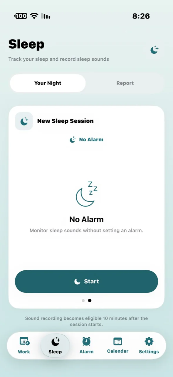 Original Dwamk sleep screen showing a new session with the option to start without an alarm.