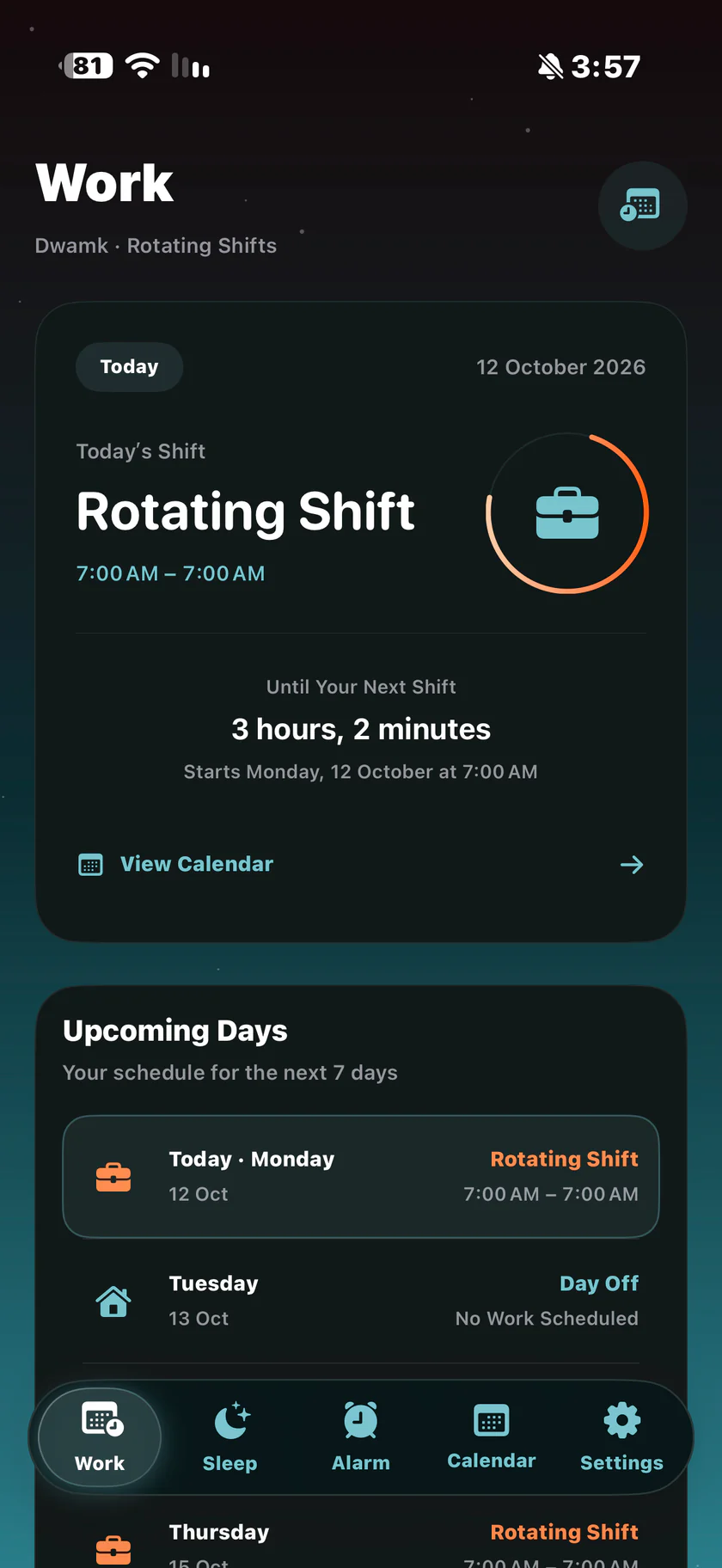 Original Dwamk work screen showing today’s shift and upcoming days.