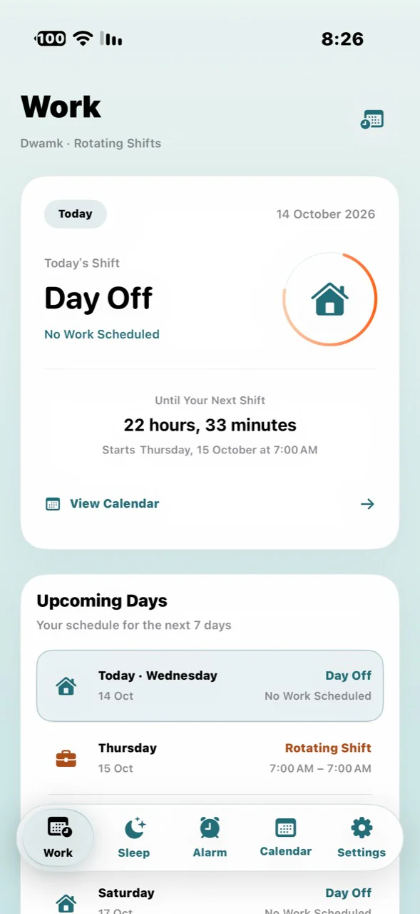 Original Dwamk work screen showing today’s shift and upcoming days.
